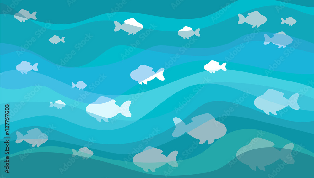 Abstract vector water waves illustration background. Small white fish. Flat design style