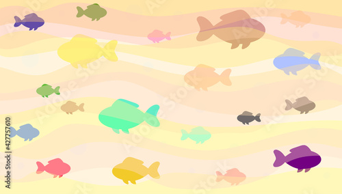 Abstract vector water waves illustration background. Small color fish. Flat design style