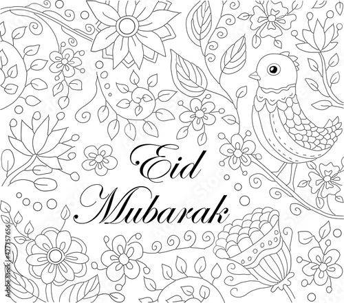 Eid Mubarak - Have a happy Eid. Greeting, coloring book illustration with bird in blooming branch. Coloring pages