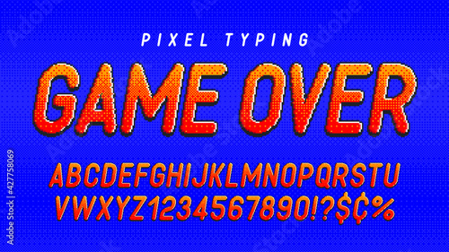 Pixel vector alphabet design, stylized like in 8-bit games. High contrast and sharp, retro-futuristic.