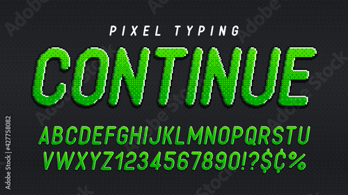 Pixel vector alphabet design, stylized like in 8-bit games. High contrast and sharp, retro-futuristic.