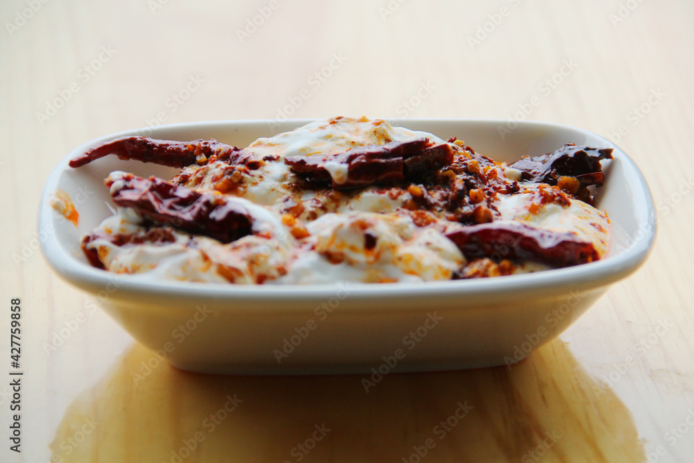 atom,chili yoghurt, appetizer on the table atom,chili yoghurt, appetizer on the table