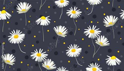 Seamless pattern with chamomile or daisy and dots on dark grey background