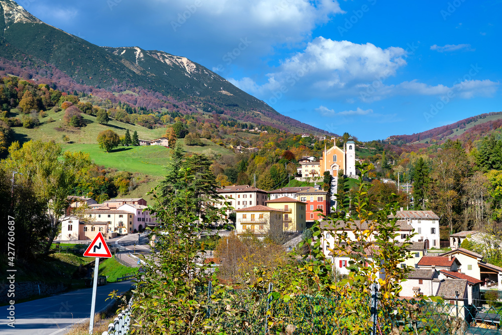 View of Parrocchia S. Caterina V.M. Ferrara di Monte Baldo is a city in the province of Verona and a popular travel destination in Nothern Italy.