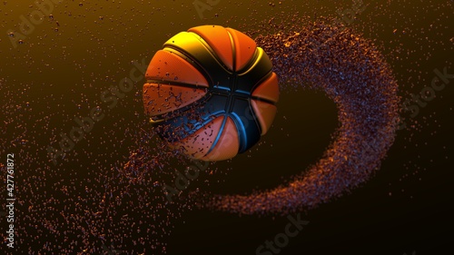 Black-Orange Leather Basketball with Red Spiral Particles of Motion Blur. 3D illustration. 3D high quality rendering. © DRN Studio