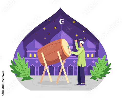 Celebrating Eid al-fitr concept. Happy muslim hitting drum and celebrating Eid Mubarak. Ramadan kareem celebration, Happy fasting and iftar party. Vector illustration in a flat style