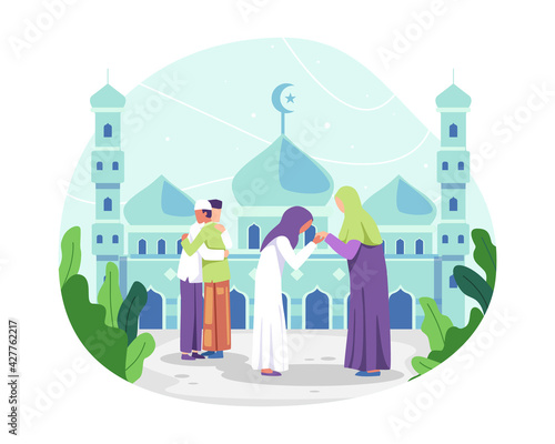 Happy Eid al-fitr illustration. Muslim people celebrating Eid al-fitr, Muslim man hugging and wishing each other. Muslim woman kissing her mother hand, Tradition of Eid al-Fitr. Vector in a flat style