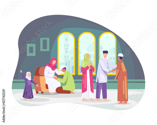 Happy Eid al-fitr. Muslim people celebrating Eid al-fitr, Shaking hands wishing each other. Families gather together, Muslim man kissing her mother hand, Tradition of Eid al-Fitr. Vector in flat style