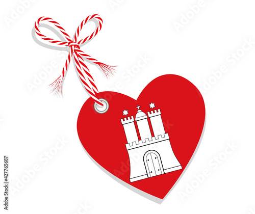 Fahne als Herz  „I Love Hamburg“ mit Kordel-Schleife,
Vektor Illustration isoliert auf weißem Hintergrund
