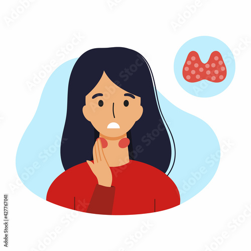 A woman with thyroid disease. Pain in the neck. Vector illustration with a medical disease symptom.