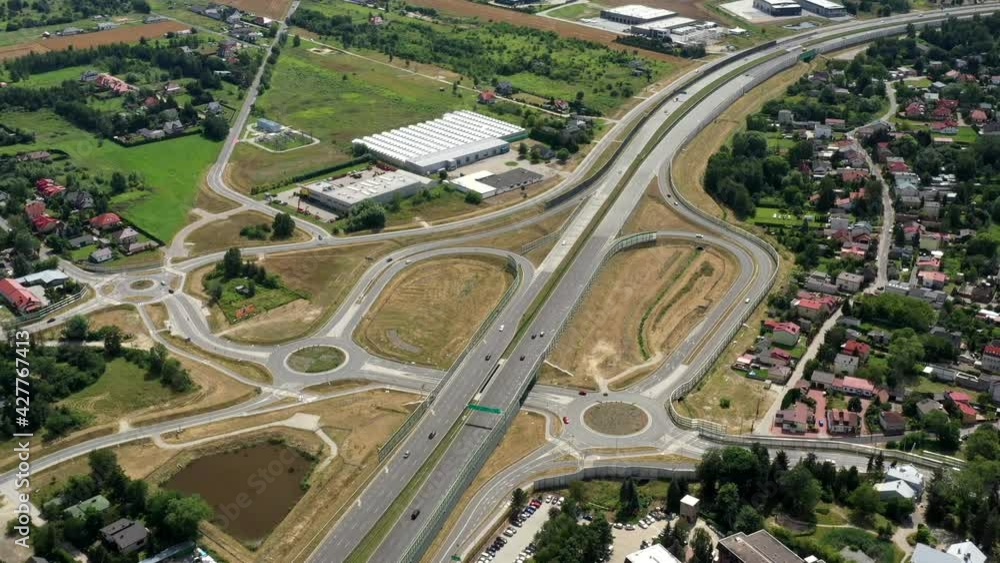 Nadarzyn Highway Exit at Expressway S8, Warsaw, Poland, Aerial Establishing Nadarzyn Highway Exit at Expressway S8, Warsaw, Poland, Aerial Establishing