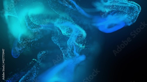 Abstract Macro slow motion shot of Blue and Orange Particle Fluid isolated on black. paint drops mixing in water. Ink swirling underwater. Colored cloud abstract smoke explosion animation. 3D render