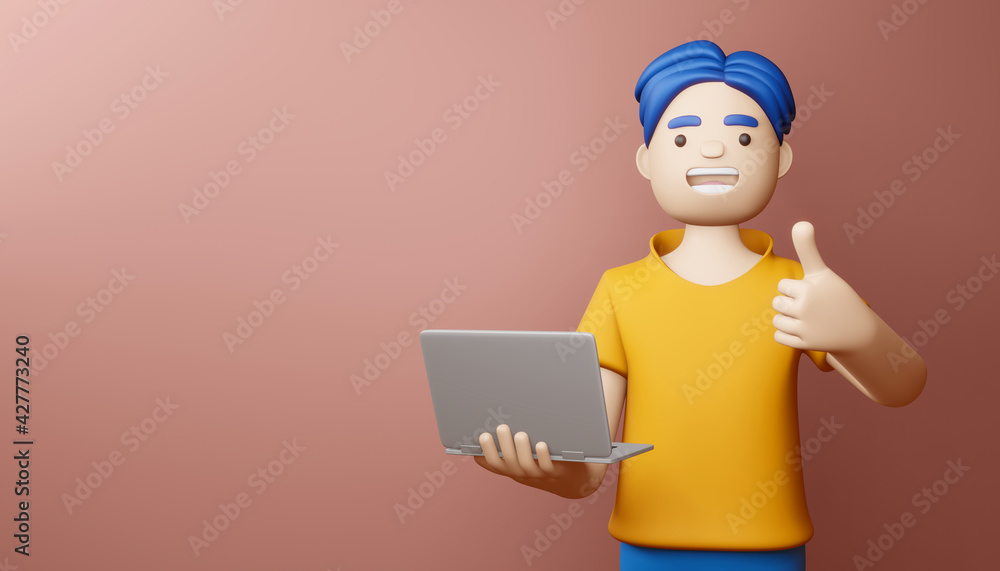 Happy man thumbs up with notebook, 3d rendering.