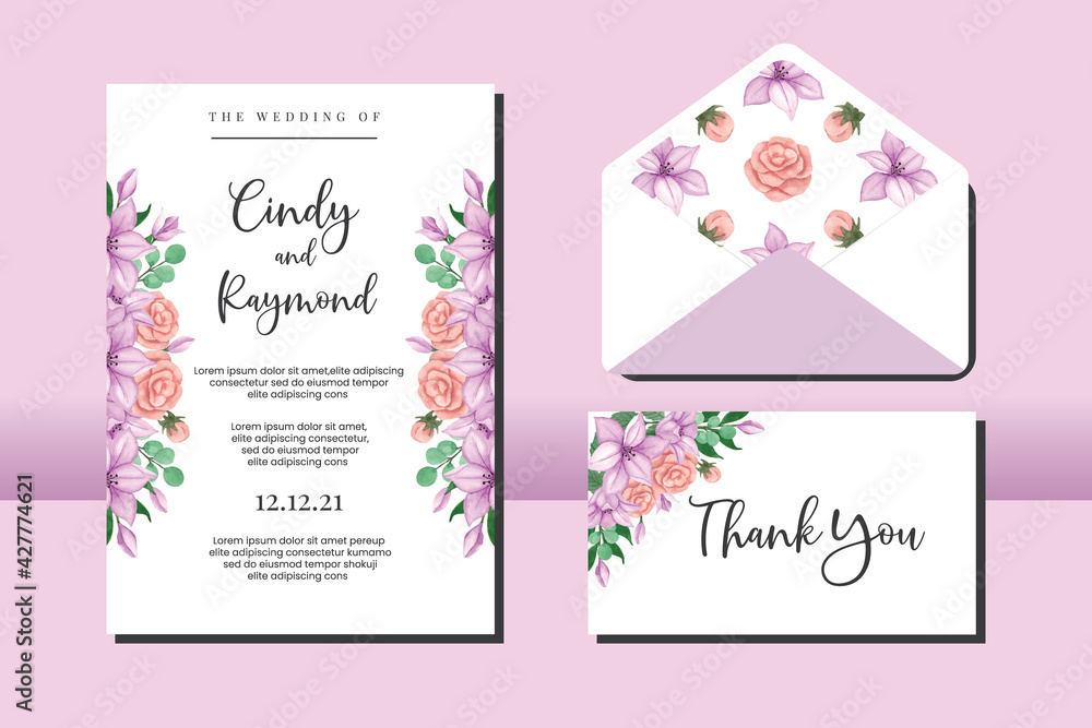 Wedding invitation frame set, floral watercolor hand drawn Peony and Zinnia Flower design Invitation Card Template