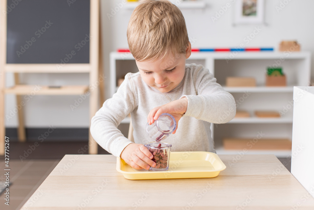 Little boy at Montessori school pouring beans from one container to ...