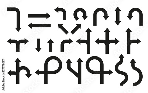 Black silhouette road sign. Flat icon navigation or direction way. Rounded arrow. Design template of various pointer, traffic turn, branching, double cursor. Driving arrow Isolated vector illustration