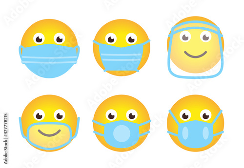 Emoji face icons set in medical mask. Stop COVID-19. Kit emoticon in different type of protective masks. Smile in cartoon style sign protect against spread of coronavirus. Isolated vector illustration