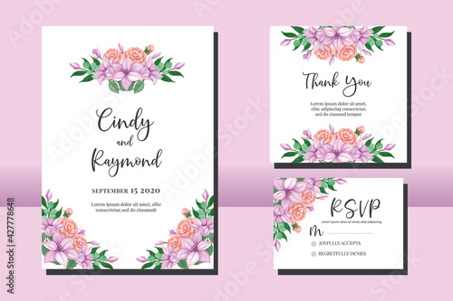 Wedding invitation frame set, floral watercolor hand drawn Peony and Zinnia Flower design Invitation Card Template © Vectorcome