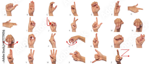 Language of deaf mute hands. Set of pictures of hands and fingers with sign language on white background. Expressiveness asl gestures alphabetic set photo