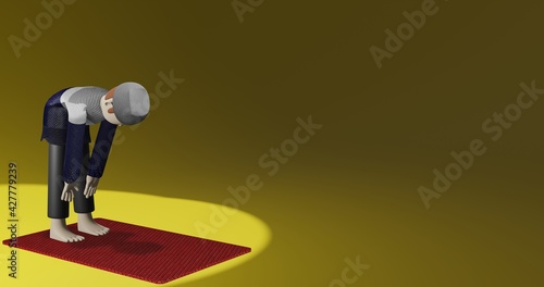 3D illustration of a muslims do rukuk (a prayer or salat movement) from the right side with a spotlight yellow background photo