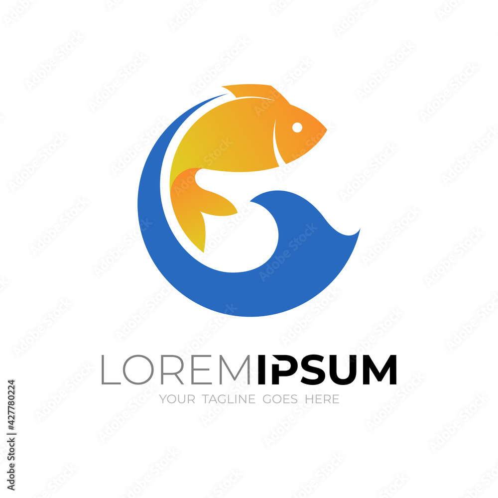 Obraz premium Fish logo and water wave design combination, simple style icon