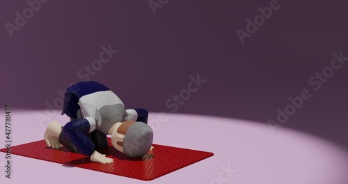3D illustration of a muslims do sujud (a prayer or salat movement) from the right side with a spotlight pink background photo