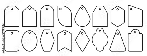 Price tag icon set. Different shapes line labels for retail business, sale market promotion special offer. Blank color gift sticker. Empty discount badge. Retro shop coupon card. New simple buy frame