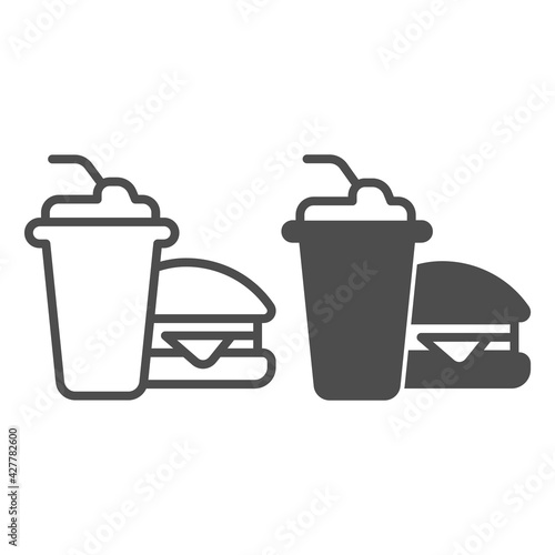 Glass of cola and hamburger line and solid icon, bowling concept, Fast food sign on white background, Burger with soft drink icon in outline style for mobile concept and web design. Vector graphics.