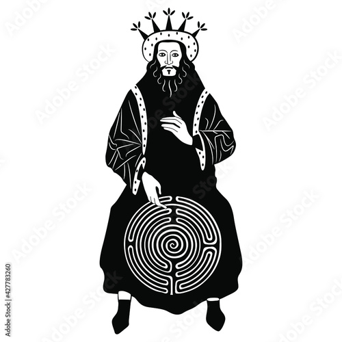 Sitting medieval king with maze or labyrinth symbol. Black and white silhouette. Creative concept.
