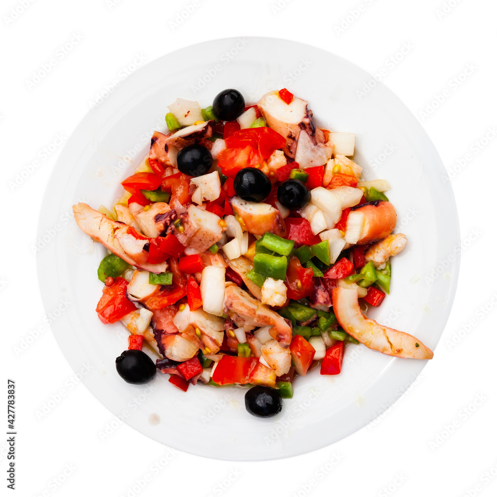 Traditional Spanish seafood salpicon - cold salad from mix of seafood and vegetables. Isolated over white background