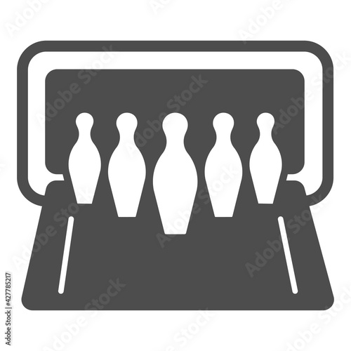 Skittles on alley solid icon, bowling concept, pins skittle sign on white background, bowling ball strike icon in glyph style for mobile concept and web design. Vector graphics.