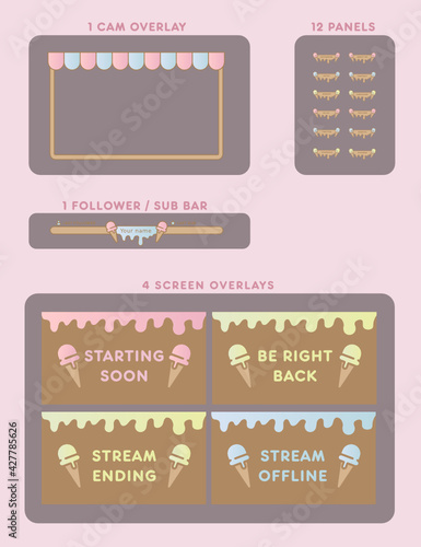 Ice cream themed stream overlays templates and panels 16:9 for game streaming