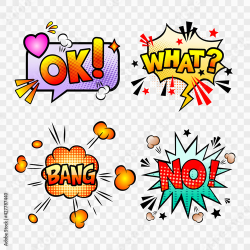 Comic speech bubbles set with different emotions and text OK, What, No, Bang.