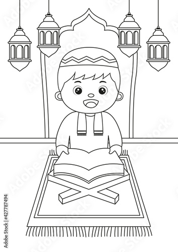 Coloring page of Young muslim boy read Al-Quran ramadan
