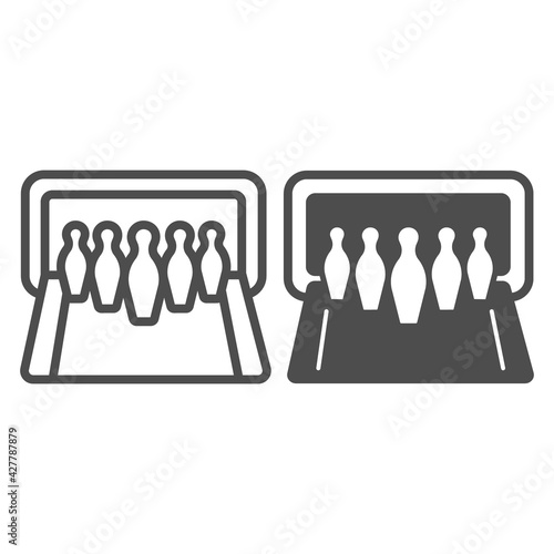 Skittles on alley line and solid icon, bowling concept, pins skittle sign on white background, bowling ball strike icon in outline style for mobile concept and web design. Vector graphics.
