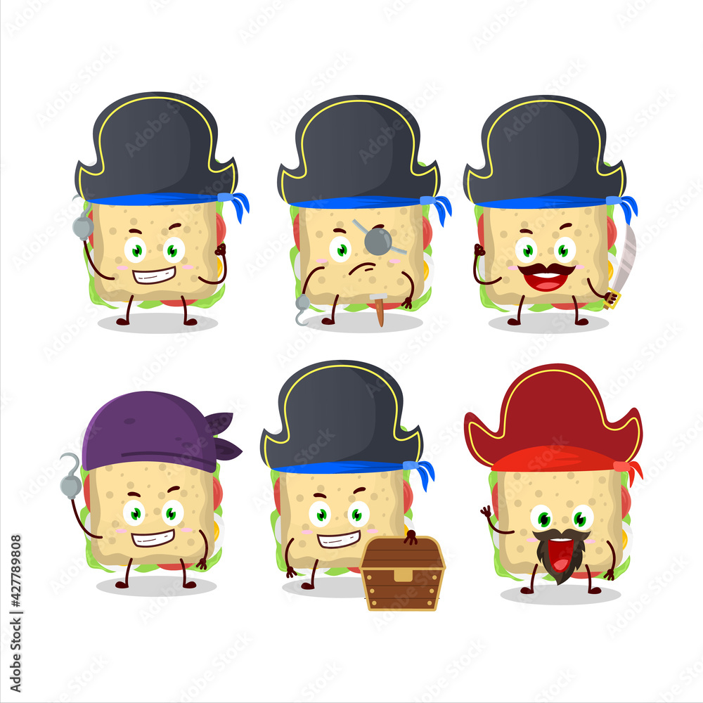 Cartoon character of sandwich with various pirates emoticons Cartoon character of sandwich with various pirates emoticons