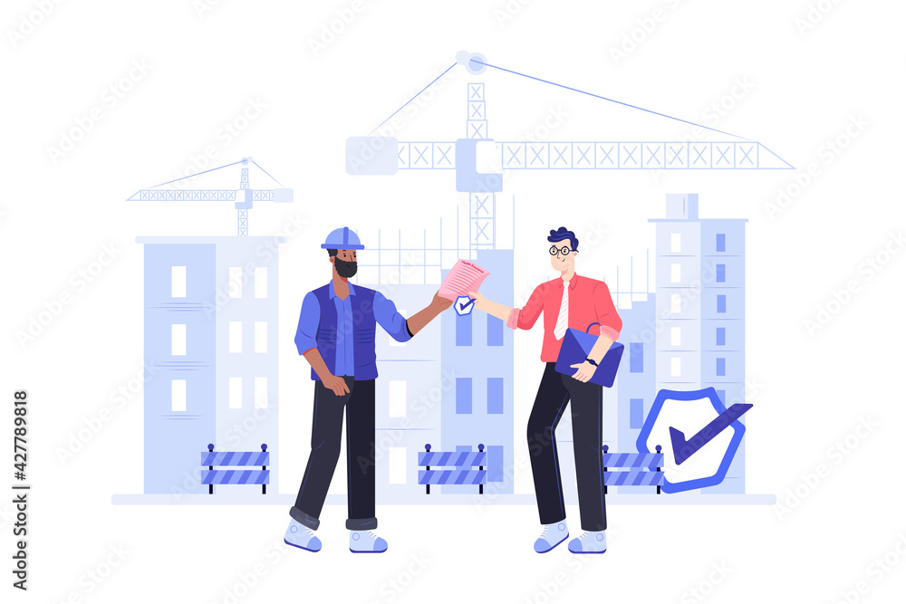Worker Health Insurance. The businessman is giving health insurance to the worker in front of a construction site Worker Health Insurance. The businessman is giving health insurance to the worker in front of a construction site