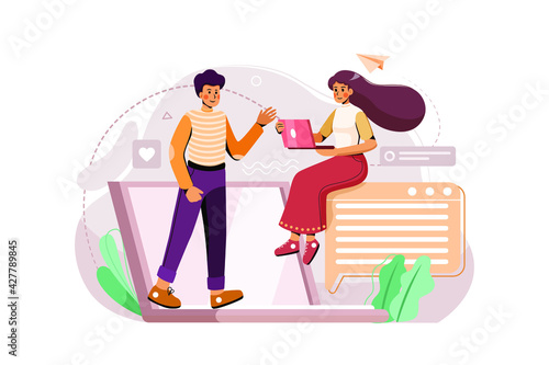 A boy and a girl are having online meeting by their laptop