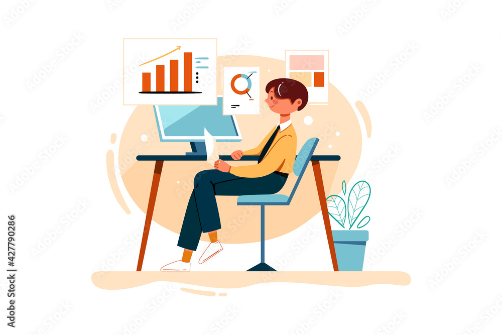 Business Person Working On Marketing Report Illustration concept. Flat illustration isolated on white background.
