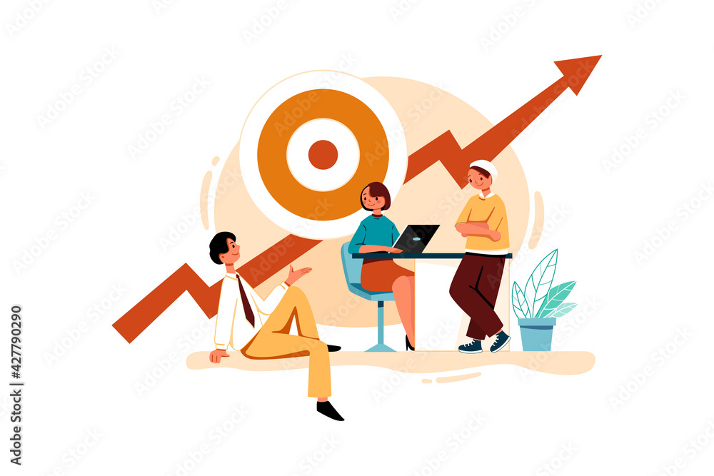 Business Team Working On Marketing Goals Illustration concept. Flat illustration isolated on white background. Business Team Working On Marketing Goals Illustration concept. Flat illustration isolated on white background.