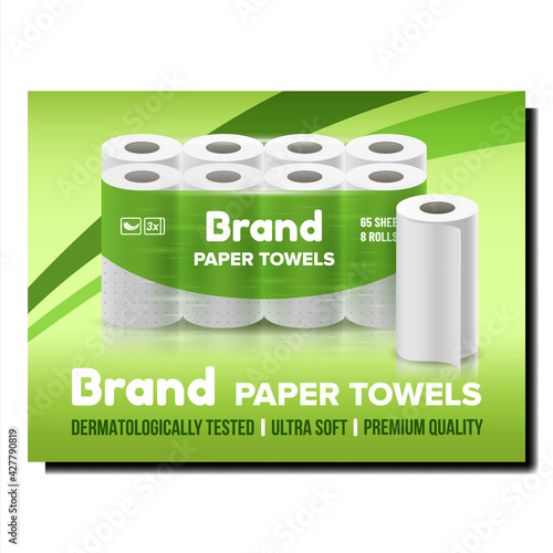 Paper Towels Creative Promotional Poster Vector. Paper Towels Rolls Blank Package Advertising Banner. Domestic Accessory For Cleaning And Drying Style Concept Template Illustration