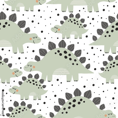 Cute dino Mom and Baby. Cartoon illustration dinosaur family. Vector seamless pattern with cute dino in scandinavian style