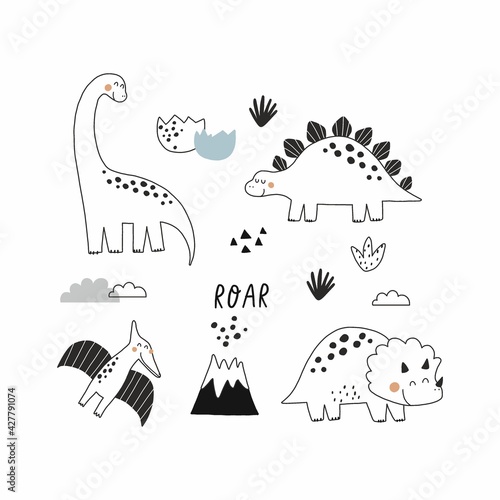 Cute doodle dino. Cartoon illustration dinosaur family. Vector print with cute dino in scandinavian style