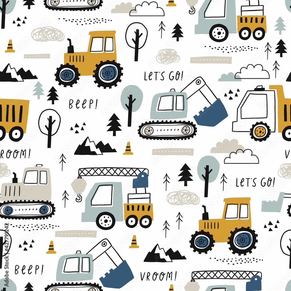 Hand drawn cute cars - Truck, tractor, cargo crane, bulldozer, excavator. Seamless vector pattern with cute cars for fabric, textile and wallpaper design. Vector cars in scandinavian style