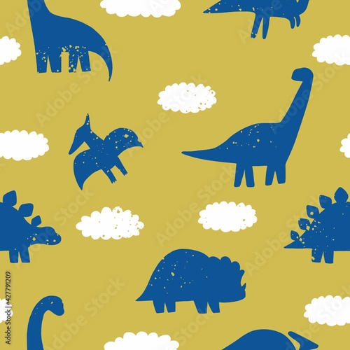 Cute doodle dino. Cartoon illustration dinosaur family. Vector abstract seamless pattern with cute dino in flat style on cage background