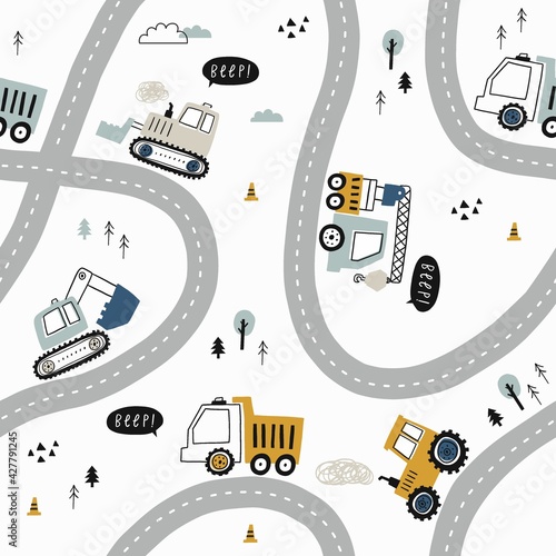 Hand drawn cute cars - Truck, tractor, cargo crane, bulldozer, excavator. Seamless vector pattern with cute cars for fabric, textile and wallpaper design. Vector cars in scandinavian style