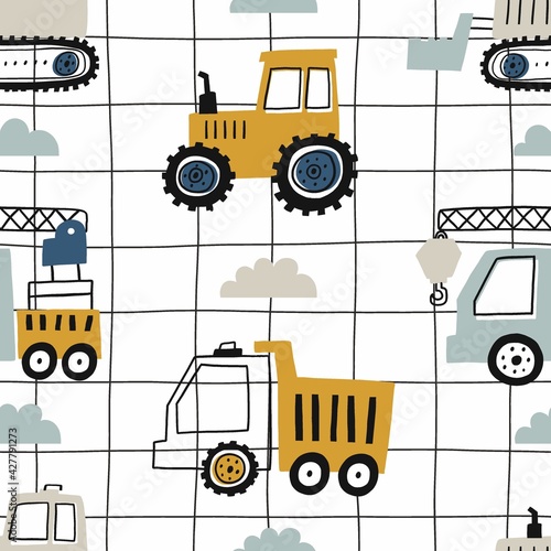 Hand drawn cute cars - Truck, tractor, cargo crane, bulldozer, excavator. Seamless vector pattern with cute cars for fabric, textile and wallpaper design. Vector cars in scandinavian style