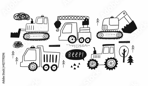 Hand drawn cute cars - Truck, tractor, cargo crane, bulldozer, excavator. Vector set with cute cars for fabric, textile and wallpaper design. Vector cars in scandinavian style