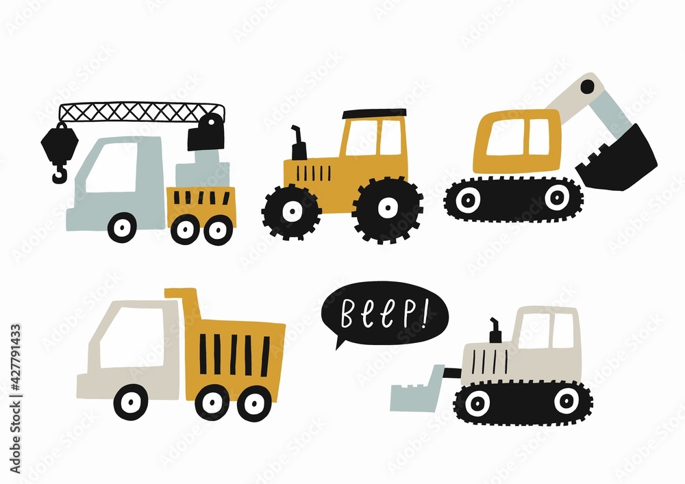 Fototapeta premium Hand drawn cute cars - Truck, tractor, cargo crane, bulldozer, excavator. Vector set with cute cars for fabric, textile and wallpaper design. Vector cars in scandinavian style