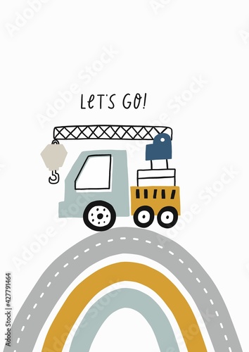 Hand drawn cute cars - Truck, tractor, cargo crane, bulldozer, excavator. Vector set with cute cars for fabric, textile and wallpaper design. Vector cars in scandinavian style